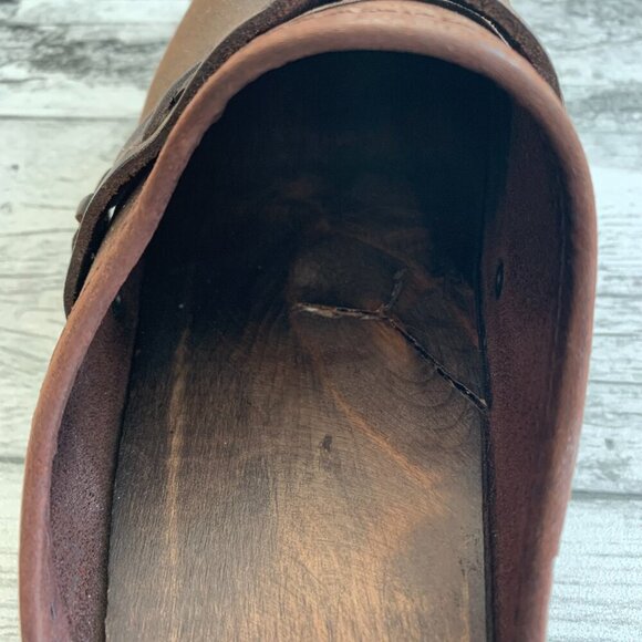 Danish Clogs Chocolate Brown Leather Wood Platform Slip On Mule Size 7 - Picture 14 of 15